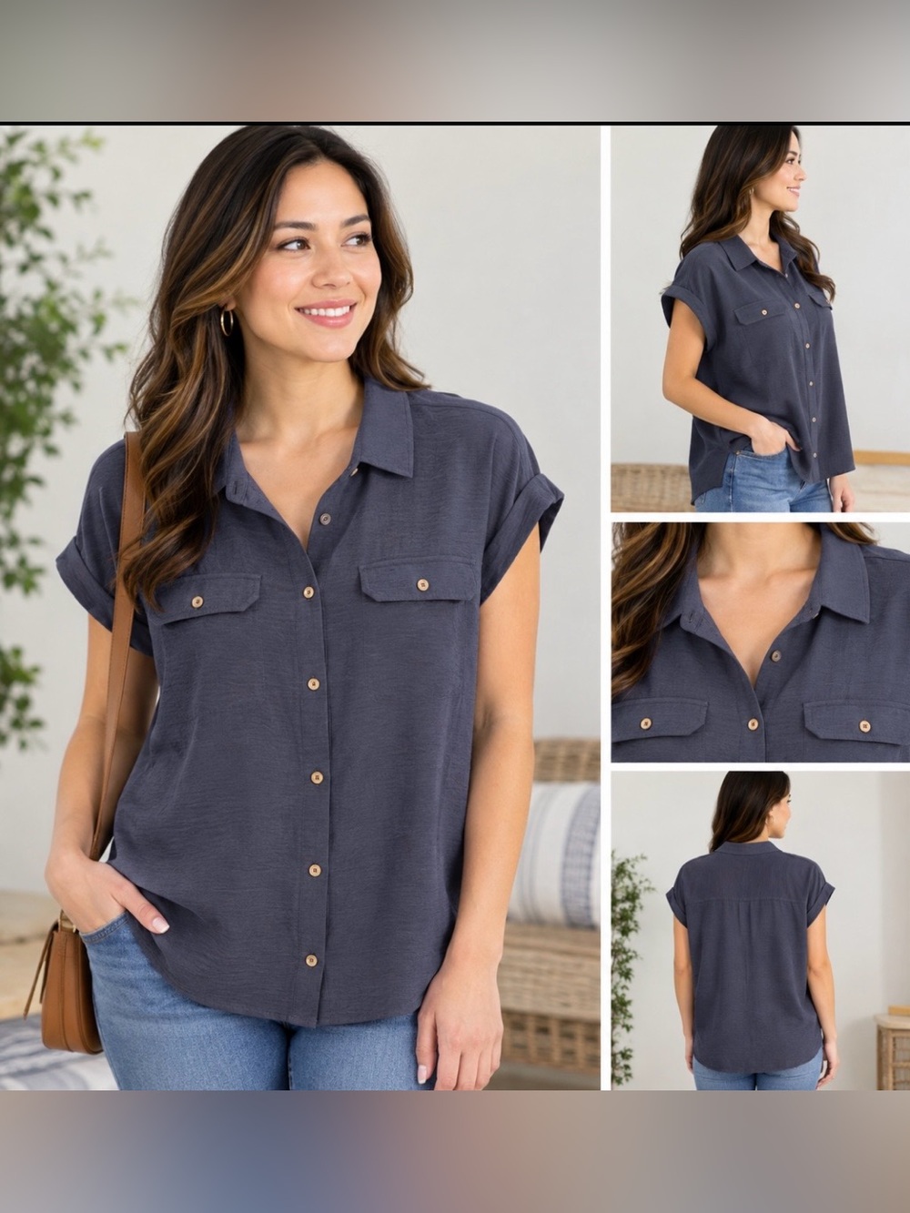 Michael Kors Short-Sleeve Button-Up Shirt Navy Large